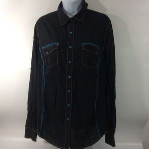 Cruel XL Western Rodeo Snap Shirt Black Blue Snaps Blue And Tan Stitching
